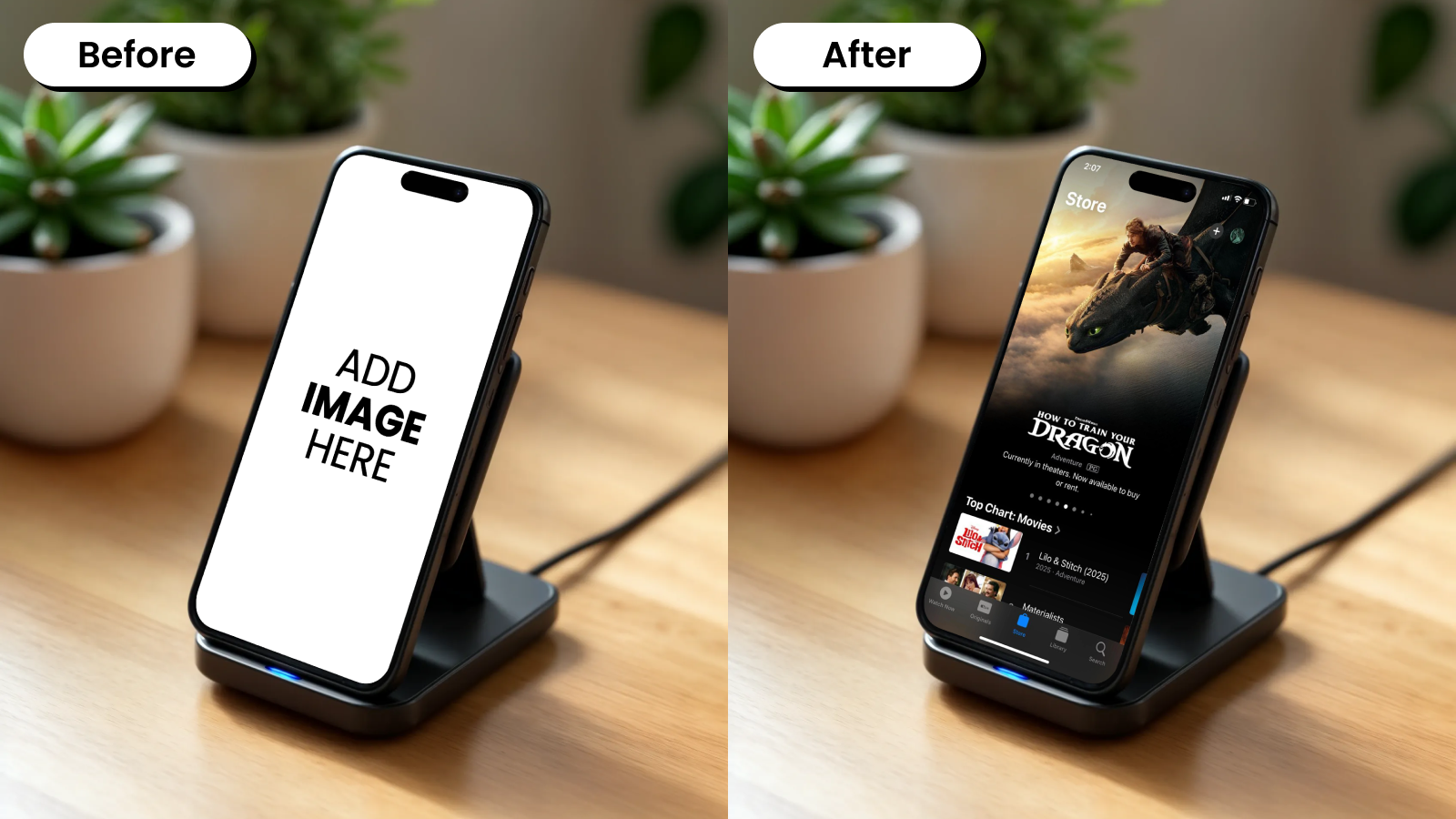 Before and after mockup of a phone on a wooden table stool in an indoor setting